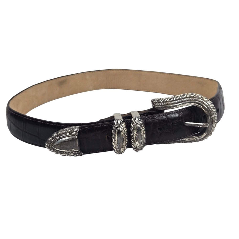 Vtg Brighton Belt Croc Embossed Leather Western Silver Hardware Brown Sz S 44909
